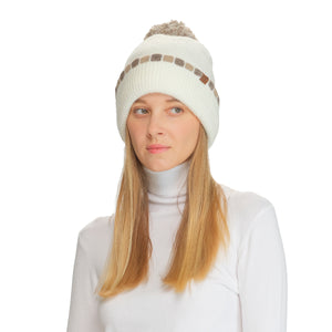 CC Beanie Neutral Horizontal Stripe Cuffed Pom Beanie - HTE0121 - By Contagious Wholesale