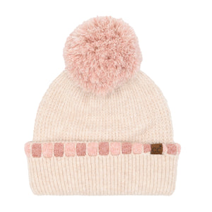 CC Beanie Neutral Horizontal Stripe Cuffed Pom Beanie - HTE0121 - By Contagious Wholesale