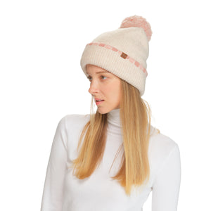 CC Beanie Neutral Horizontal Stripe Cuffed Pom Beanie - HTE0121 - By Contagious Wholesale