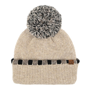 CC Beanie Neutral Horizontal Stripe Cuffed Pom Beanie - HTE0121 - By Contagious Wholesale