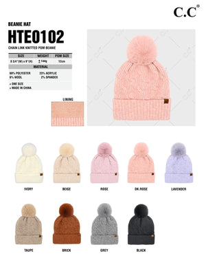 CC Beanie Chain Link Knitted Pom Beanie - HTE0102 - By Contagious Wholesale