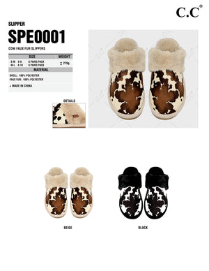 CC Slippers Cow Faux Fur Slippers - SPE0001 - By Contagious Wholesale